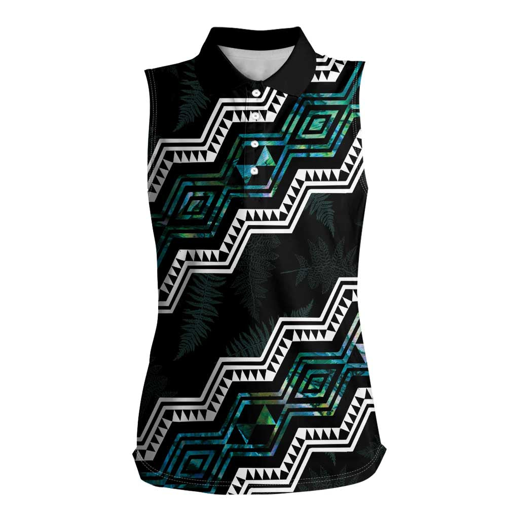 Personalised Taniko Aotearoa Mix Paua Shell Women Sleeveless Polo Shirt Niho Taniwha Turquoise Glitter