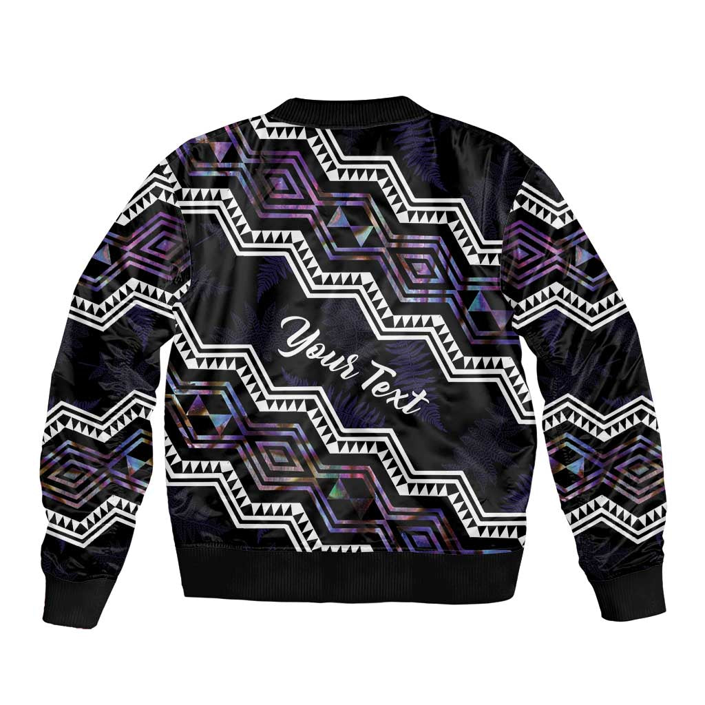 Personalised Taniko Aotearoa Mix Paua Shell Bomber Jacket Niho Taniwha Lilac Glitter