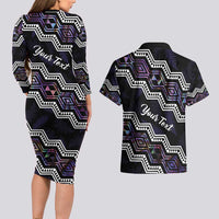 Personalised Taniko Aotearoa Mix Paua Shell Couples Matching Long Sleeve Bodycon Dress and Hawaiian Shirt Niho Taniwha Lilac Glitter