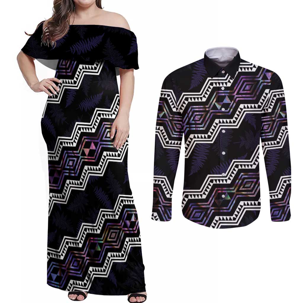 Personalised Taniko Aotearoa Mix Paua Shell Couples Matching Off Shoulder Maxi Dress and Long Sleeve Button Shirt Niho Taniwha Lilac Glitter LT01 Purple - Polynesian Pride