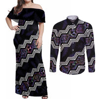 Personalised Taniko Aotearoa Mix Paua Shell Couples Matching Off Shoulder Maxi Dress and Long Sleeve Button Shirt Niho Taniwha Lilac Glitter LT01 Purple - Polynesian Pride