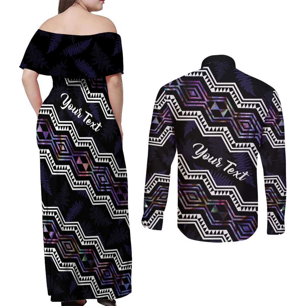 Personalised Taniko Aotearoa Mix Paua Shell Couples Matching Off Shoulder Maxi Dress and Long Sleeve Button Shirt Niho Taniwha Lilac Glitter LT01 - Polynesian Pride