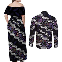 Personalised Taniko Aotearoa Mix Paua Shell Couples Matching Off Shoulder Maxi Dress and Long Sleeve Button Shirt Niho Taniwha Lilac Glitter LT01 - Polynesian Pride