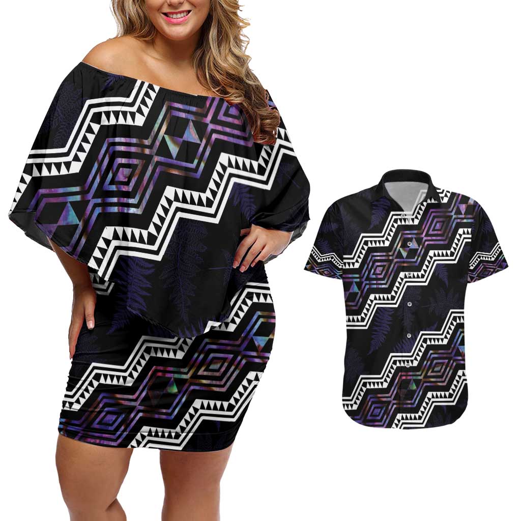 Personalised Taniko Aotearoa Mix Paua Shell Couples Matching Off Shoulder Short Dress and Hawaiian Shirt Niho Taniwha Lilac Glitter LT01 Purple - Polynesian Pride