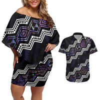 Personalised Taniko Aotearoa Mix Paua Shell Couples Matching Off Shoulder Short Dress and Hawaiian Shirt Niho Taniwha Lilac Glitter