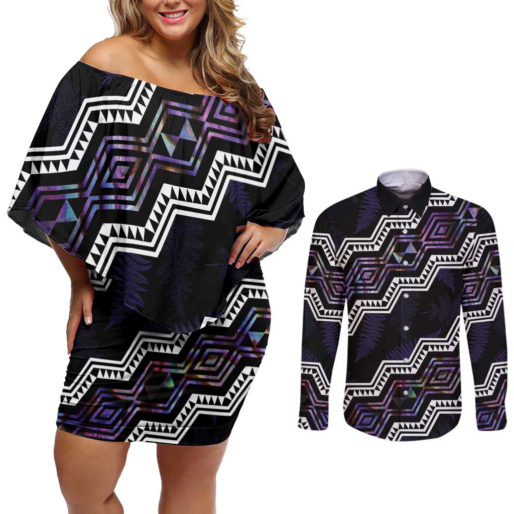 Personalised Taniko Aotearoa Mix Paua Shell Couples Matching Off Shoulder Short Dress and Long Sleeve Button Shirt Niho Taniwha Lilac Glitter LT01 Purple - Polynesian Pride