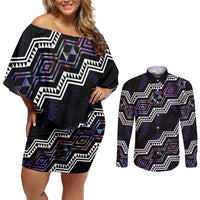 Personalised Taniko Aotearoa Mix Paua Shell Couples Matching Off Shoulder Short Dress and Long Sleeve Button Shirt Niho Taniwha Lilac Glitter
