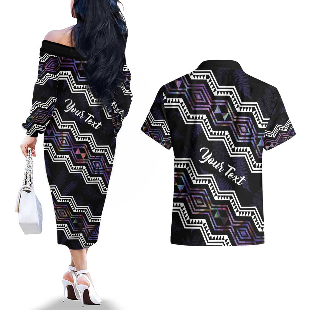 Personalised Taniko Aotearoa Mix Paua Shell Couples Matching Off The Shoulder Long Sleeve Dress and Hawaiian Shirt Niho Taniwha Lilac Glitter
