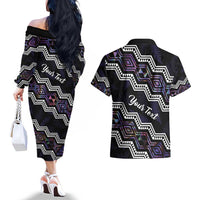 Personalised Taniko Aotearoa Mix Paua Shell Couples Matching Off The Shoulder Long Sleeve Dress and Hawaiian Shirt Niho Taniwha Lilac Glitter
