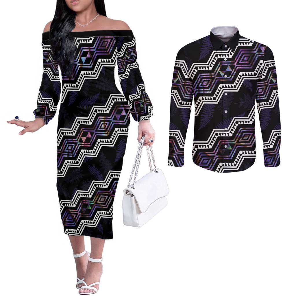 Personalised Taniko Aotearoa Mix Paua Shell Couples Matching Off The Shoulder Long Sleeve Dress and Long Sleeve Button Shirt Niho Taniwha Lilac Glitter
