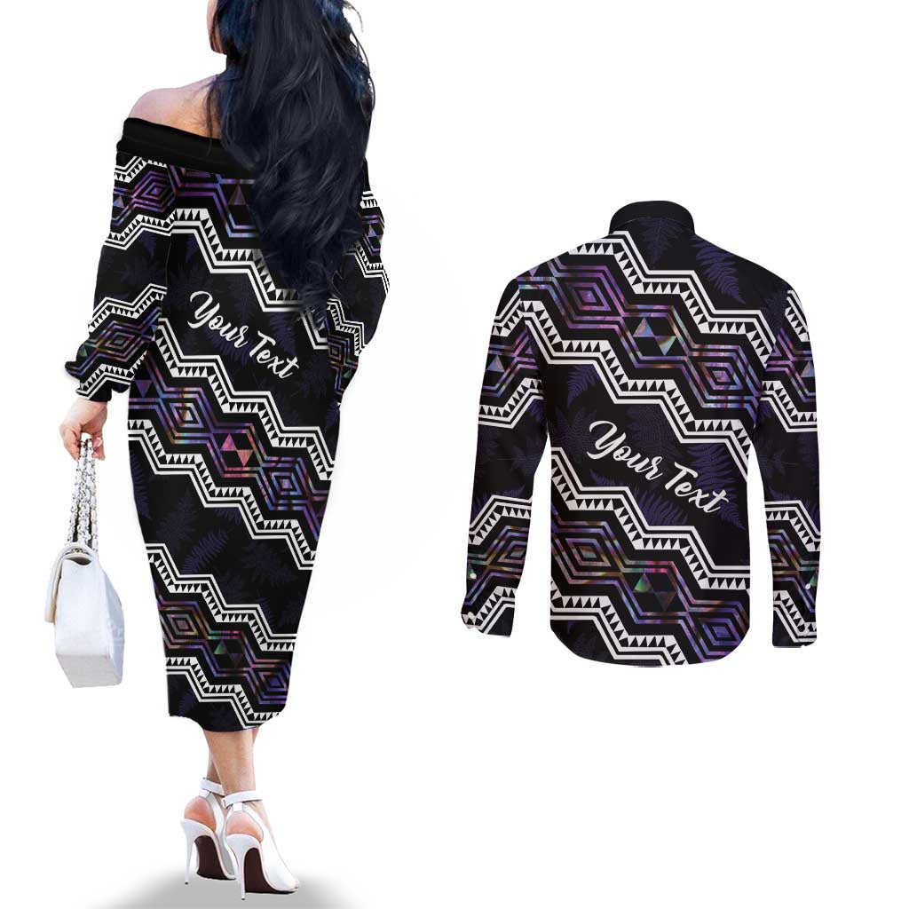 Personalised Taniko Aotearoa Mix Paua Shell Couples Matching Off The Shoulder Long Sleeve Dress and Long Sleeve Button Shirt Niho Taniwha Lilac Glitter