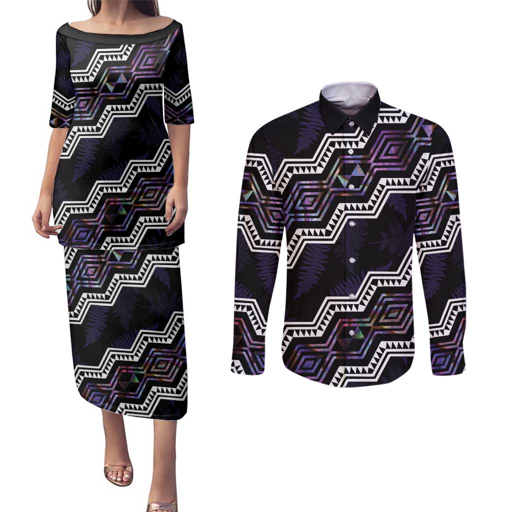 Personalised Taniko Aotearoa Mix Paua Shell Couples Matching Puletasi and Long Sleeve Button Shirt Niho Taniwha Lilac Glitter LT01 Purple - Polynesian Pride