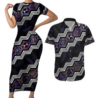 Personalised Taniko Aotearoa Mix Paua Shell Couples Matching Short Sleeve Bodycon Dress and Hawaiian Shirt Niho Taniwha Lilac Glitter