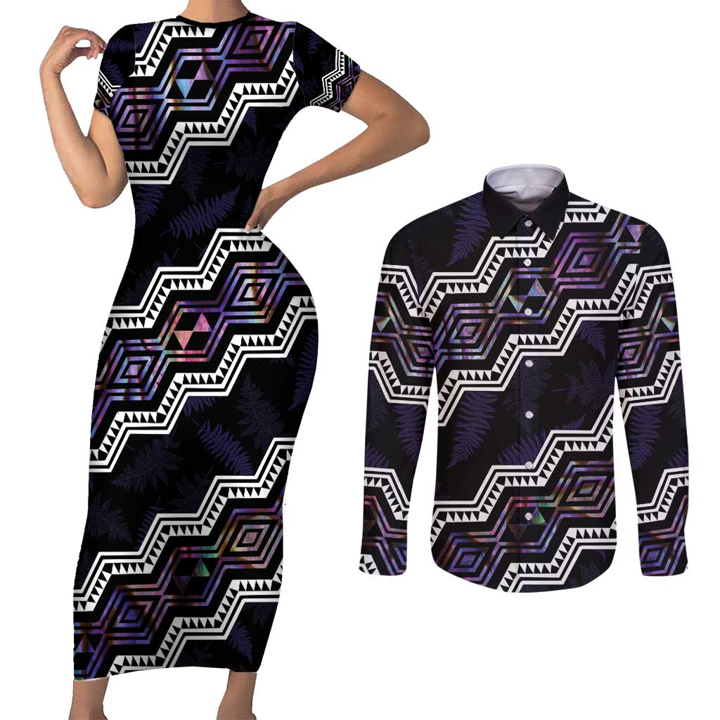 Personalised Taniko Aotearoa Mix Paua Shell Couples Matching Short Sleeve Bodycon Dress and Long Sleeve Button Shirt Niho Taniwha Lilac Glitter LT01 Purple - Polynesian Pride