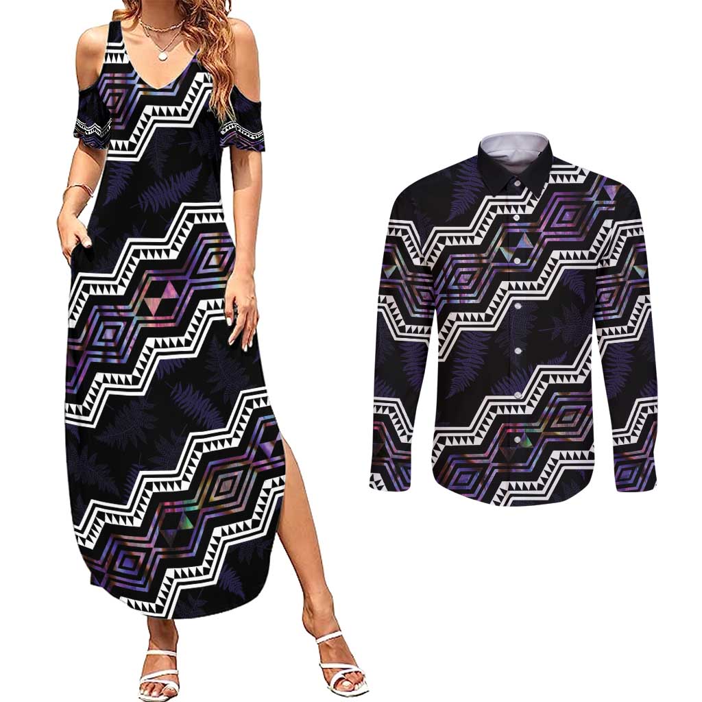 Personalised Taniko Aotearoa Mix Paua Shell Couples Matching Summer Maxi Dress and Long Sleeve Button Shirt Niho Taniwha Lilac Glitter LT01 Purple - Polynesian Pride
