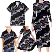 Personalised Taniko Aotearoa Mix Paua Shell Family Matching Long Sleeve Bodycon Dress and Hawaiian Shirt Niho Taniwha Lilac Glitter LT01 - Polynesian Pride