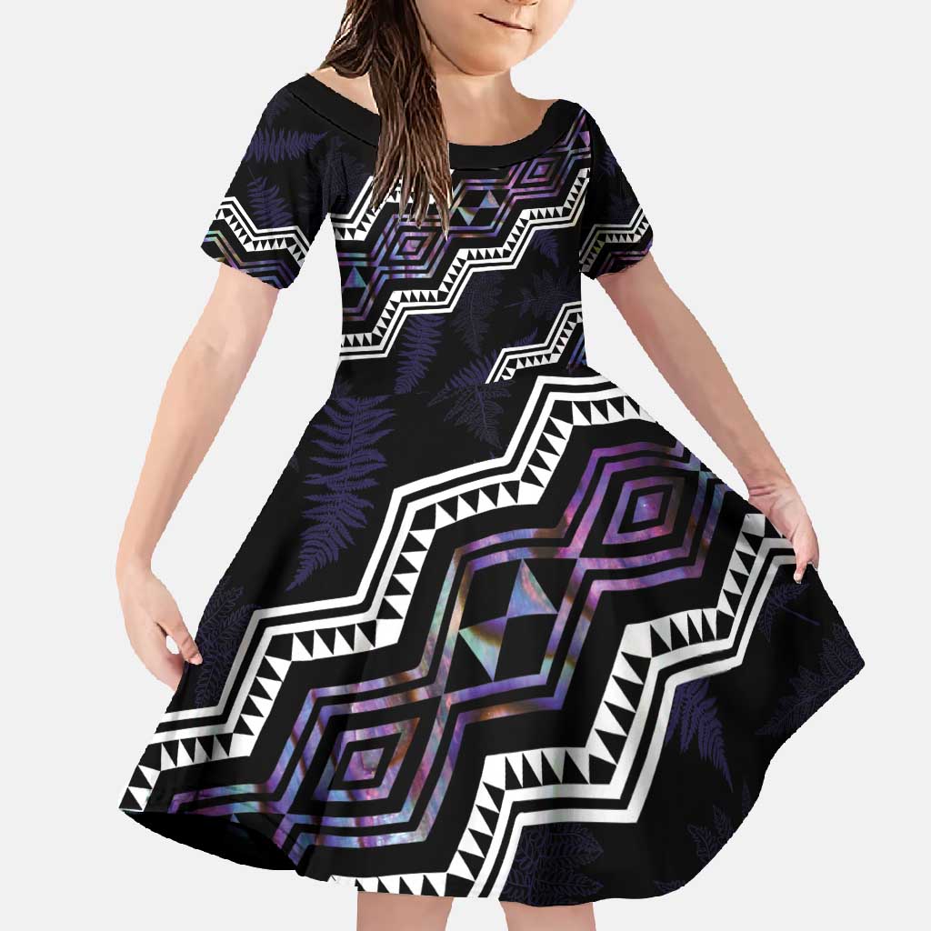 Personalised Taniko Aotearoa Mix Paua Shell Family Matching Mermaid Dress and Hawaiian Shirt Niho Taniwha Lilac Glitter LT01 Daughter's Dress Purple - Polynesian Pride