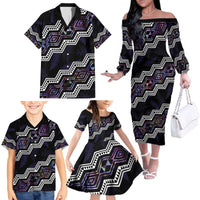 Personalised Taniko Aotearoa Mix Paua Shell Family Matching Off The Shoulder Long Sleeve Dress and Hawaiian Shirt Niho Taniwha Lilac Glitter LT01 - Polynesian Pride