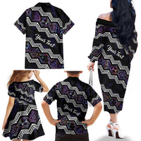 Personalised Taniko Aotearoa Mix Paua Shell Family Matching Off The Shoulder Long Sleeve Dress and Hawaiian Shirt Niho Taniwha Lilac Glitter LT01 - Polynesian Pride