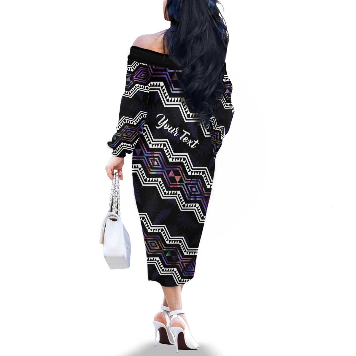Personalised Taniko Aotearoa Mix Paua Shell Family Matching Off The Shoulder Long Sleeve Dress and Hawaiian Shirt Niho Taniwha Lilac Glitter LT01 - Polynesian Pride