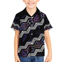 Personalised Taniko Aotearoa Mix Paua Shell Family Matching Off The Shoulder Long Sleeve Dress and Hawaiian Shirt Niho Taniwha Lilac Glitter LT01 Son's Shirt Purple - Polynesian Pride