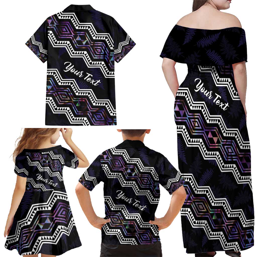 Personalised Taniko Aotearoa Mix Paua Shell Family Matching Off Shoulder Maxi Dress and Hawaiian Shirt Niho Taniwha Lilac Glitter