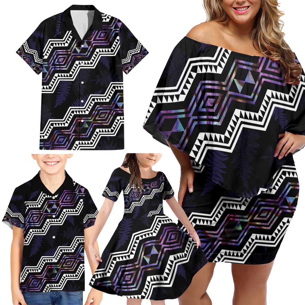 Personalised Taniko Aotearoa Mix Paua Shell Family Matching Off Shoulder Short Dress and Hawaiian Shirt Niho Taniwha Lilac Glitter LT01 - Polynesian Pride