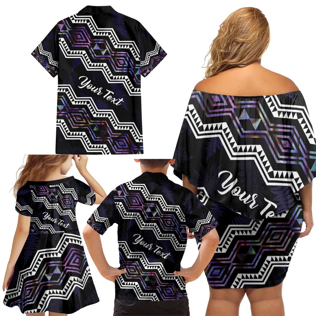 Personalised Taniko Aotearoa Mix Paua Shell Family Matching Off Shoulder Short Dress and Hawaiian Shirt Niho Taniwha Lilac Glitter