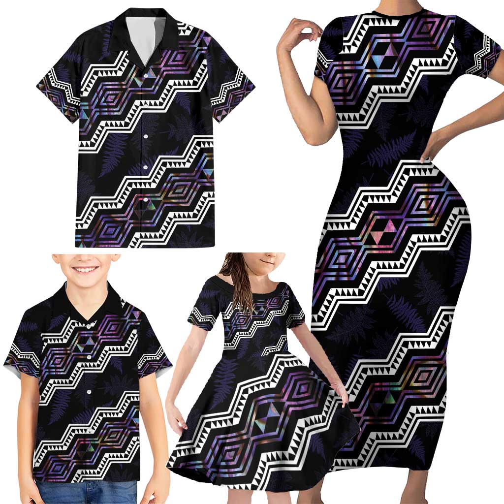 Personalised Taniko Aotearoa Mix Paua Shell Family Matching Short Sleeve Bodycon Dress and Hawaiian Shirt Niho Taniwha Lilac Glitter LT01 - Polynesian Pride