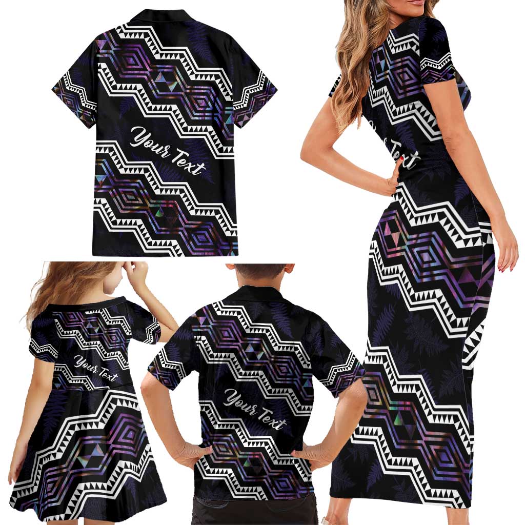 Personalised Taniko Aotearoa Mix Paua Shell Family Matching Short Sleeve Bodycon Dress and Hawaiian Shirt Niho Taniwha Lilac Glitter LT01 - Polynesian Pride