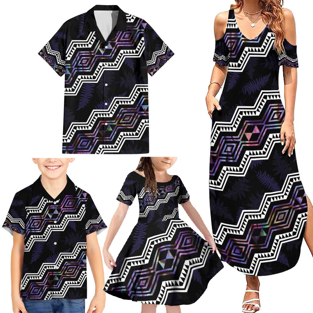 Personalised Taniko Aotearoa Mix Paua Shell Family Matching Summer Maxi Dress and Hawaiian Shirt Niho Taniwha Lilac Glitter LT01 - Polynesian Pride