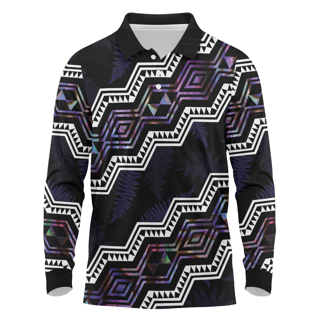 Personalised Taniko Aotearoa Mix Paua Shell Long Sleeve Polo Shirt Niho Taniwha Lilac Glitter