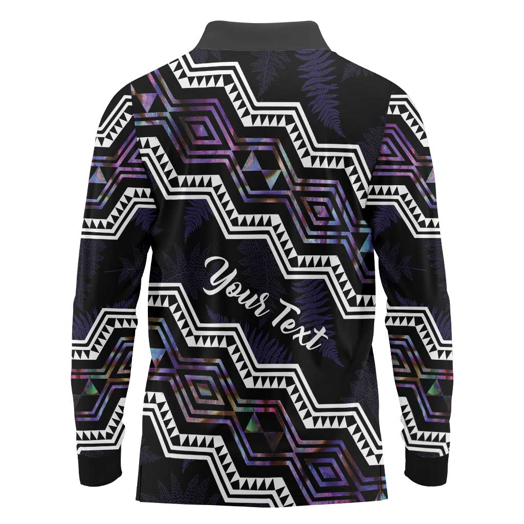 Personalised Taniko Aotearoa Mix Paua Shell Long Sleeve Polo Shirt Niho Taniwha Lilac Glitter