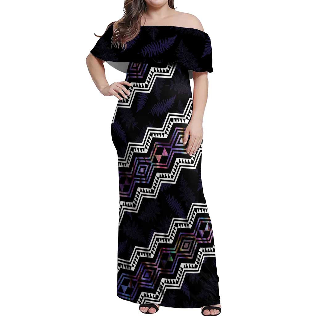 Personalised Taniko Aotearoa Mix Paua Shell Off Shoulder Maxi Dress Niho Taniwha Lilac Glitter LT01 Women Purple - Polynesian Pride