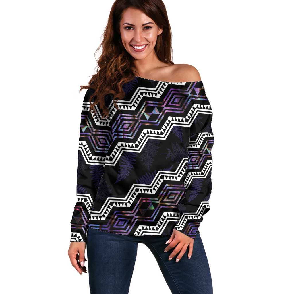 Personalised Taniko Aotearoa Mix Paua Shell Off Shoulder Sweater Niho Taniwha Lilac Glitter