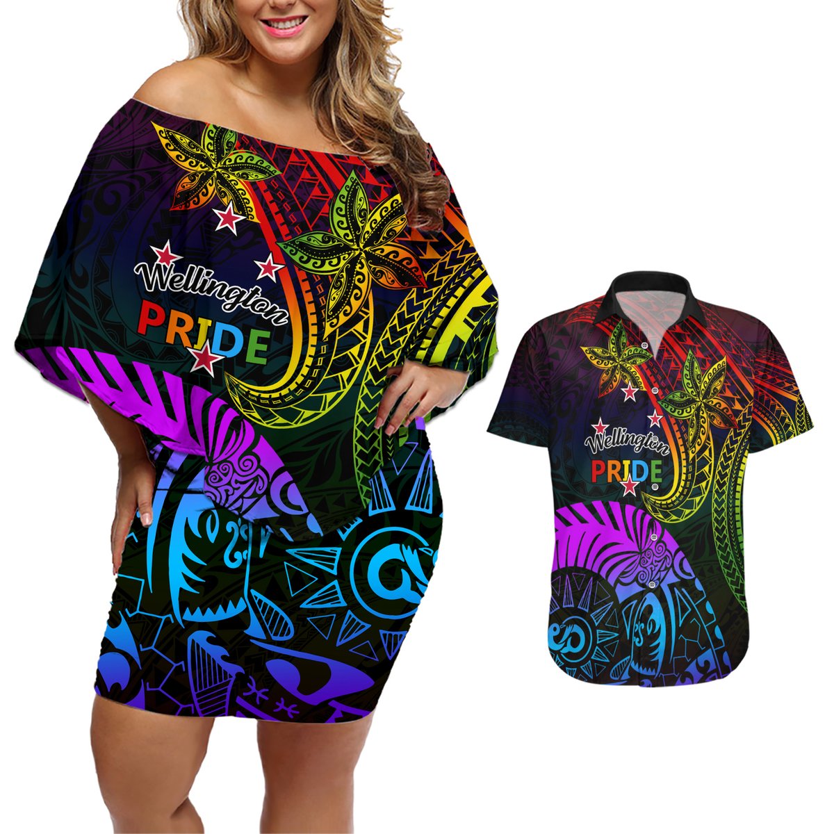Wellington Pride Couples Matching Off Shoulder Short Dress and Hawaiian Shirt Aotearoa Tribal Rainbow Pattern LT01 Black - Polynesian Pride