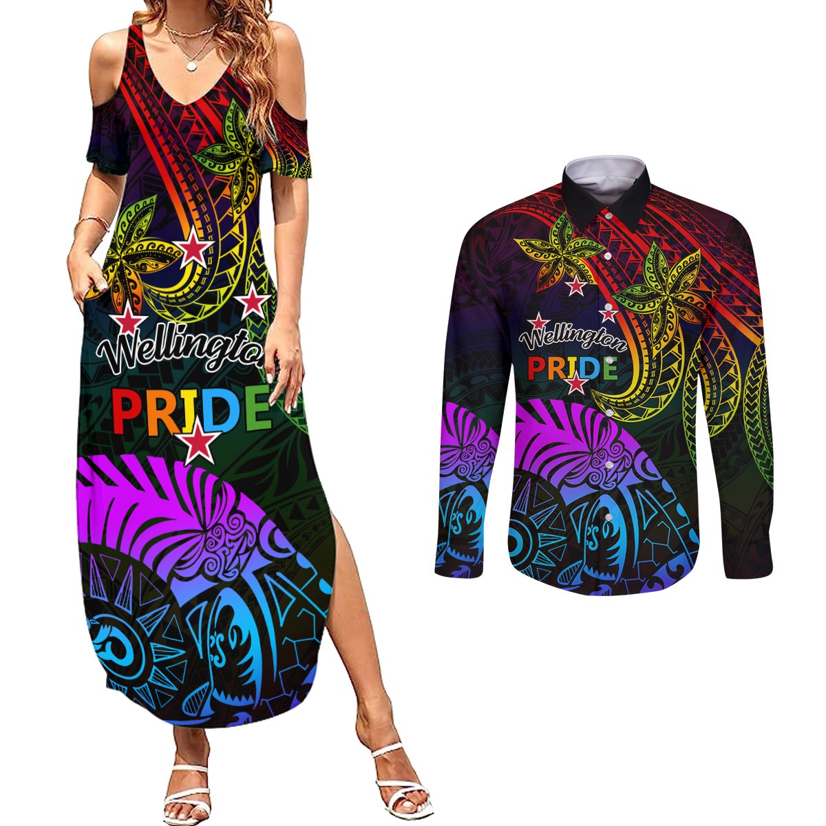 Wellington Pride Couples Matching Summer Maxi Dress and Long Sleeve Button Shirt Aotearoa Tribal Rainbow Pattern LT01 Black - Polynesian Pride