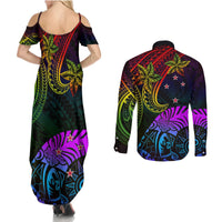 Wellington Pride Couples Matching Summer Maxi Dress and Long Sleeve Button Shirt Aotearoa Tribal Rainbow Pattern LT01 - Polynesian Pride