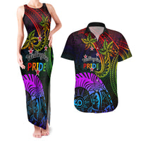 Wellington Pride Couples Matching Tank Maxi Dress and Hawaiian Shirt Aotearoa Tribal Rainbow Pattern LT01 Black - Polynesian Pride