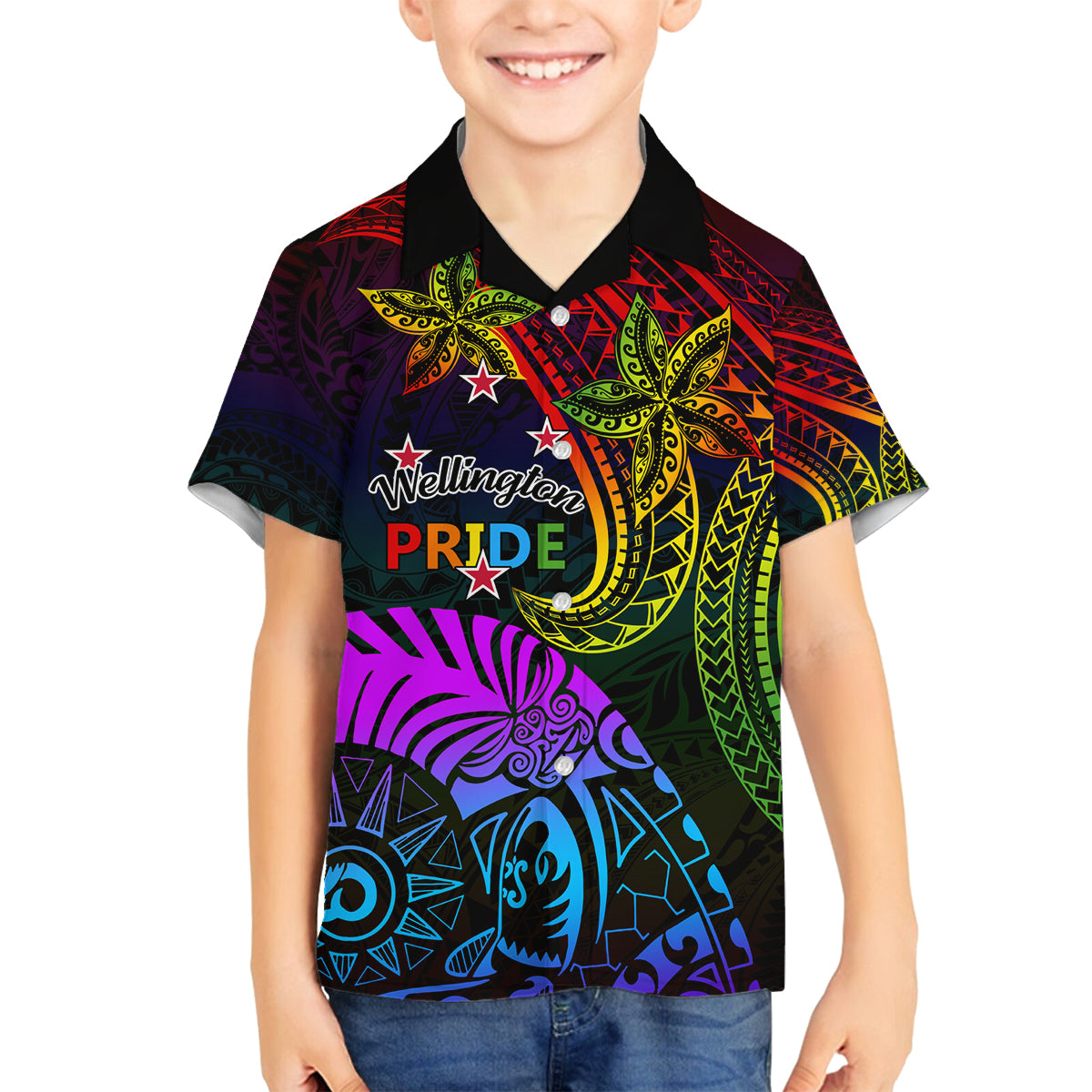 Wellington Pride Family Matching Off Shoulder Maxi Dress and Hawaiian Shirt Aotearoa Tribal Rainbow Pattern LT01 Son's Shirt Black - Polynesian Pride