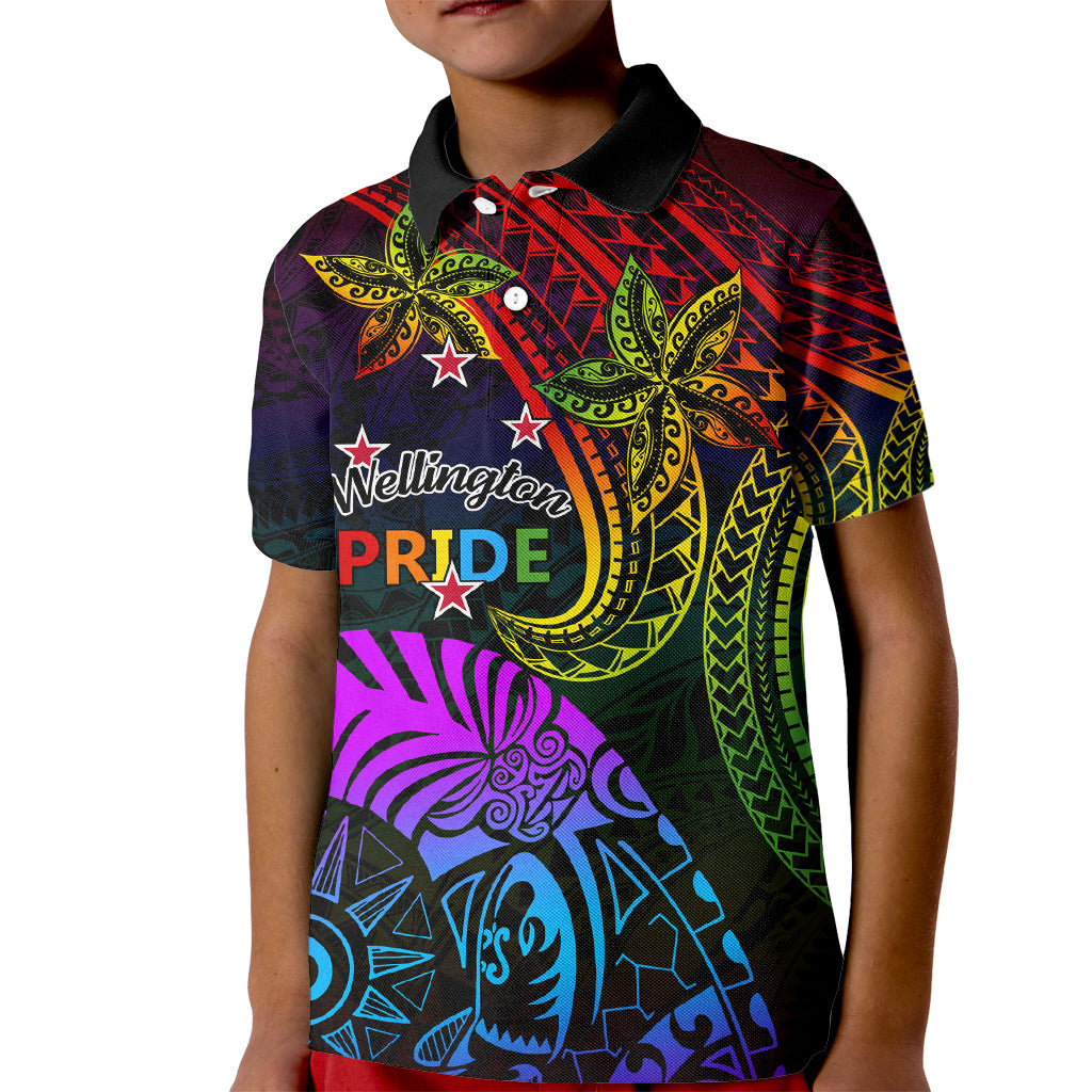 Wellington Pride Kid Polo Shirt Aotearoa Tribal Rainbow Pattern LT01 Kid Black - Polynesian Pride