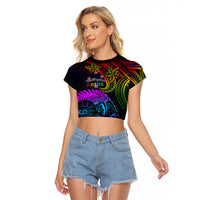 Wellington Pride Raglan Cropped T Shirt Aotearoa Tribal Rainbow Pattern LT01 Female Black - Polynesian Pride