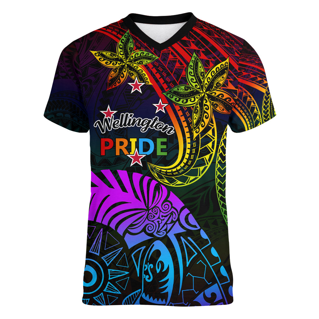 Wellington Pride Women V Neck T Shirt Aotearoa Tribal Rainbow Pattern LT01 Female Black - Polynesian Pride
