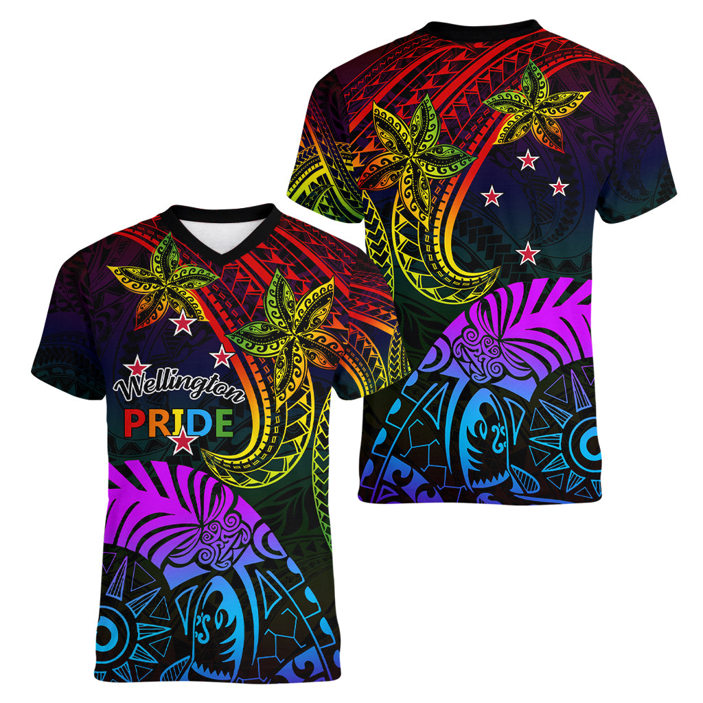 Wellington Pride Women V Neck T Shirt Aotearoa Tribal Rainbow Pattern LT01 - Polynesian Pride