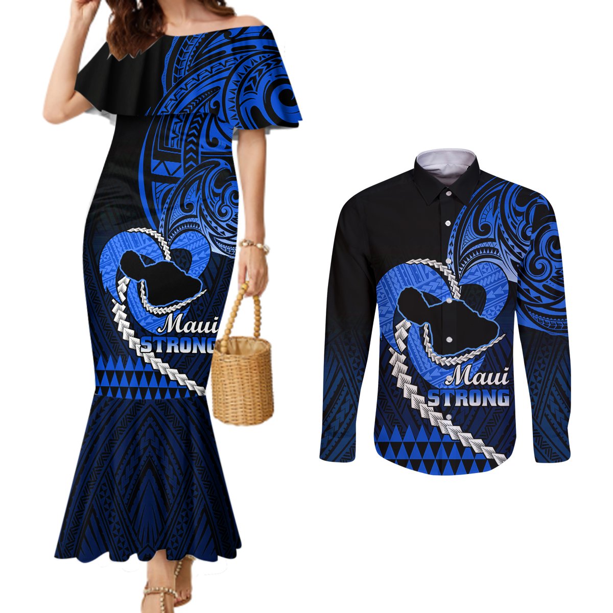 Personalised Hawaii Couples Matching Mermaid Dress and Long Sleeve Button Shirts Maui Be Strong Kakau Blue Version LT01 Blue - Polynesian Pride