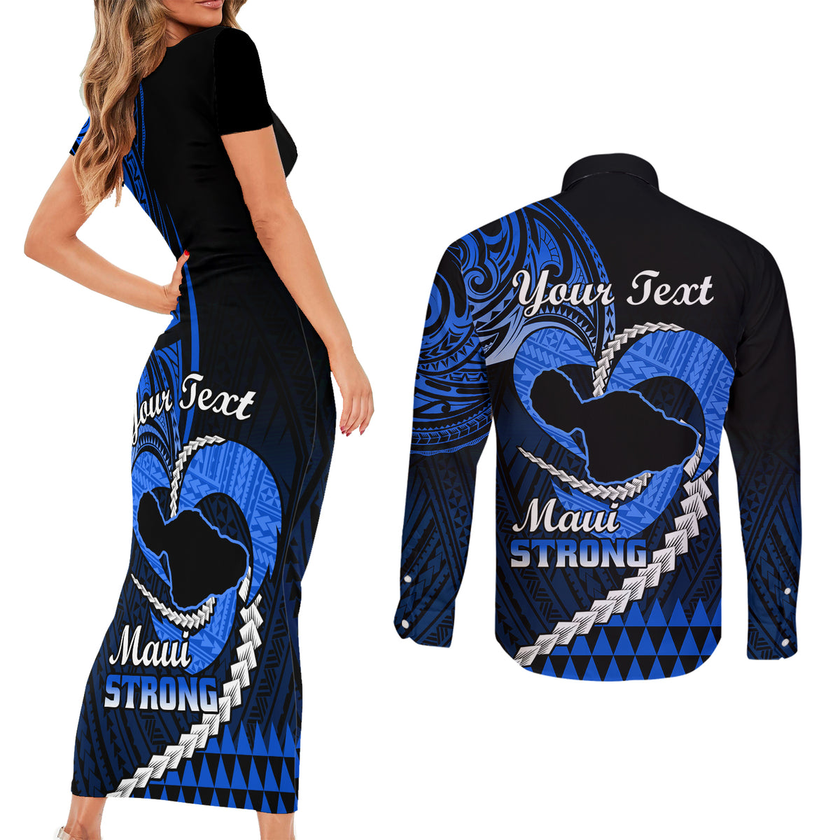 Personalised Hawaii Couples Matching Short Sleeve Bodycon Dress and Long Sleeve Button Shirts Maui Be Strong Kakau Blue Version LT01 - Polynesian Pride