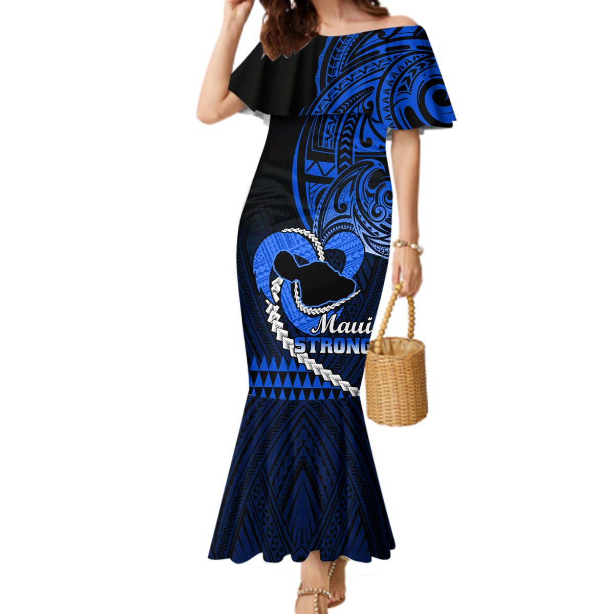 Personalised Hawaii Mermaid Dress Maui Be Strong Kakau Blue Version LT01 Women Blue - Polynesian Pride