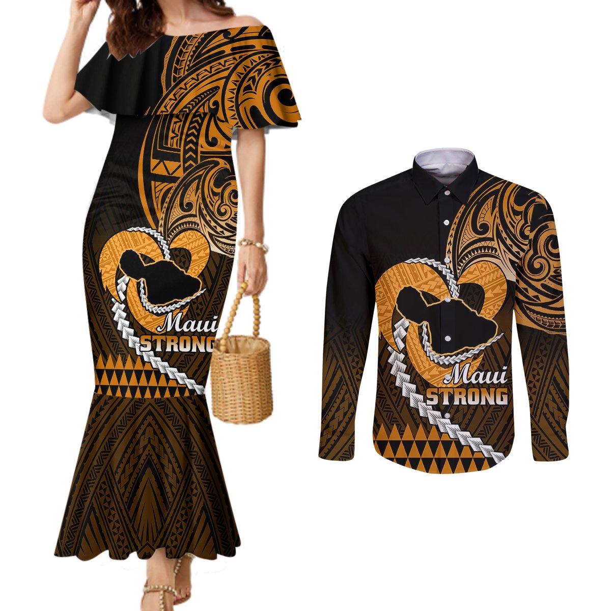 Personalised Hawaii Couples Matching Mermaid Dress and Long Sleeve Button Shirts Maui Be Strong Kakau Gold Version LT01 Gold - Polynesian Pride