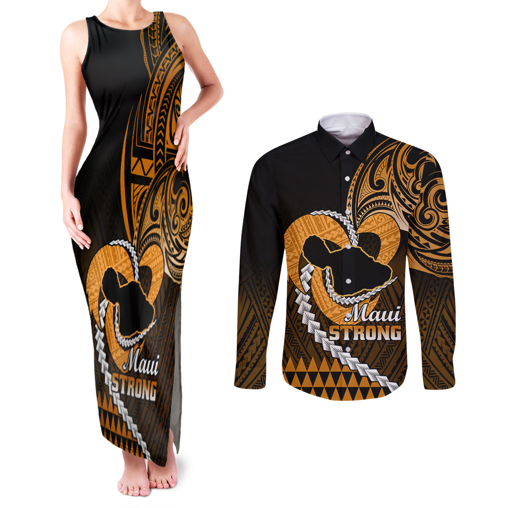 Personalised Hawaii Couples Matching Tank Maxi Dress and Long Sleeve Button Shirts Maui Be Strong Kakau Gold Version LT01 Gold - Polynesian Pride