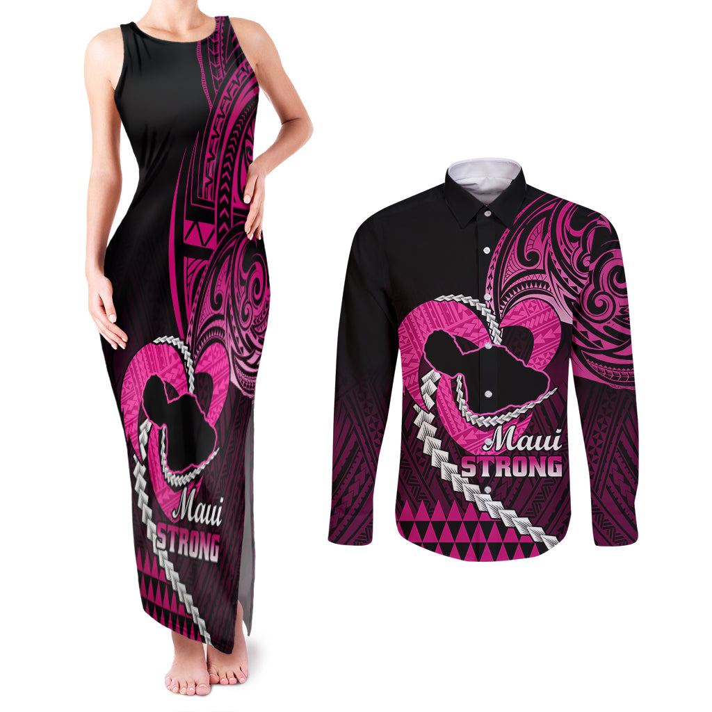 Personalised Hawaii Couples Matching Tank Maxi Dress and Long Sleeve Button Shirts Maui Be Strong Kakau Pink Version LT01 Pink - Polynesian Pride